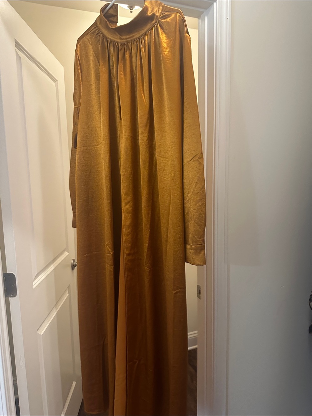 AKIRA Mustard Gold Satin High-Neck Maxi Dress